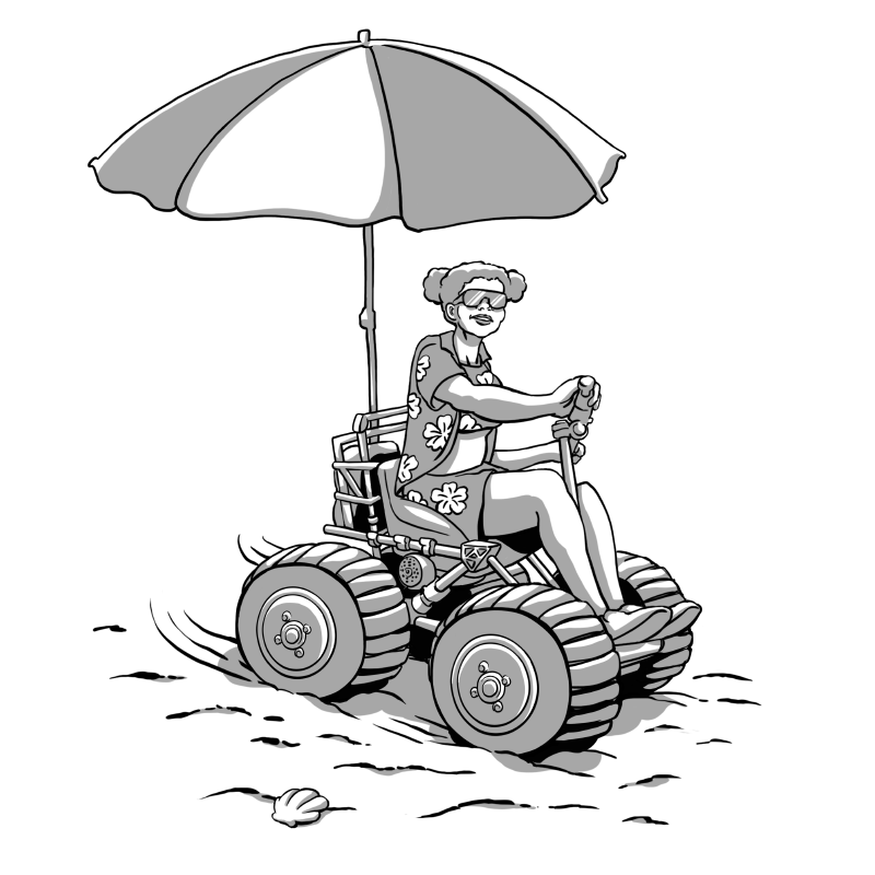 Photograph of a person wearing sunglasses and driving a mobility scooter with large wheels on the beach.